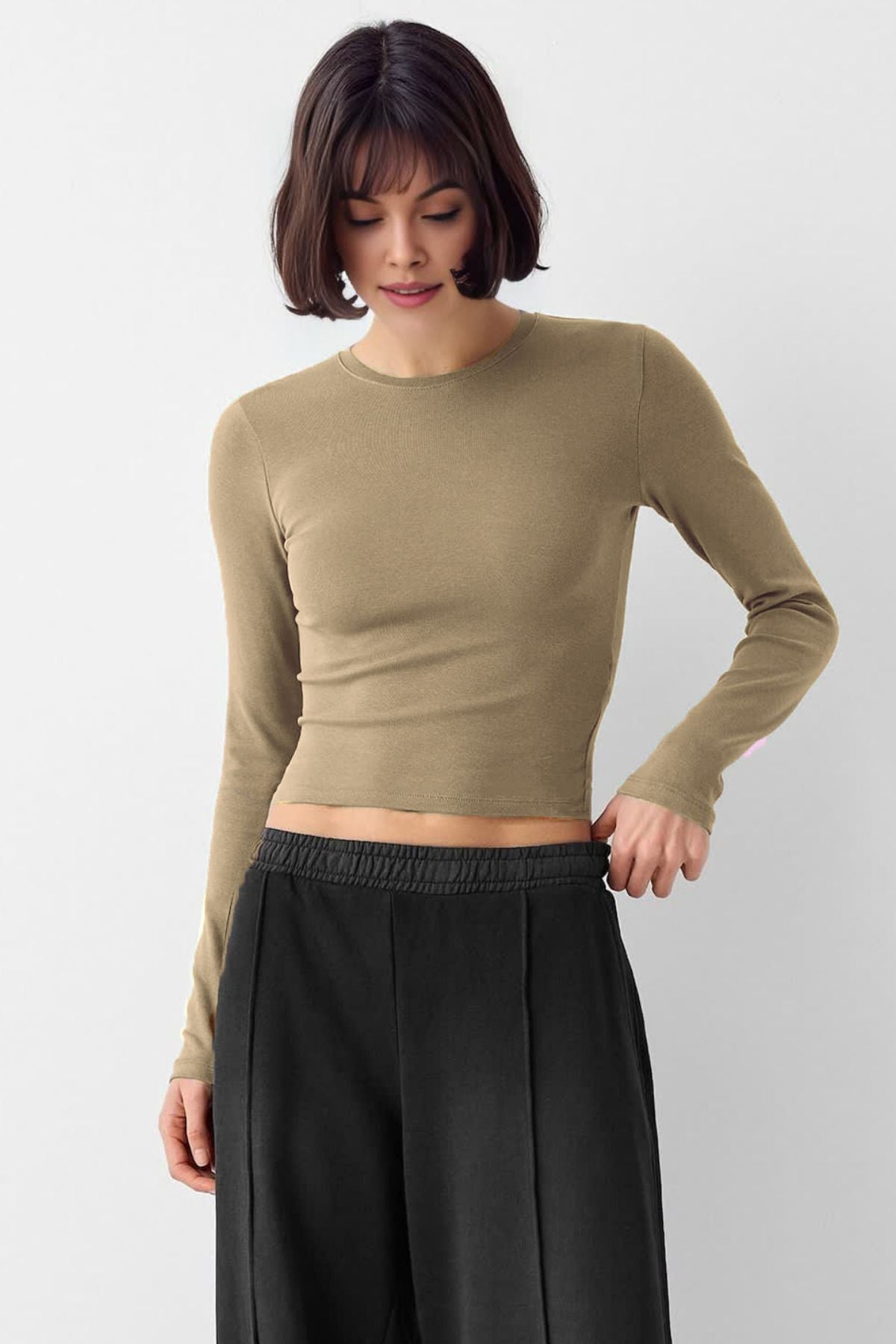 Kadın Bisiklet Yaka Basic Ultra Soft %100 Pamuk Uzun Kol Body