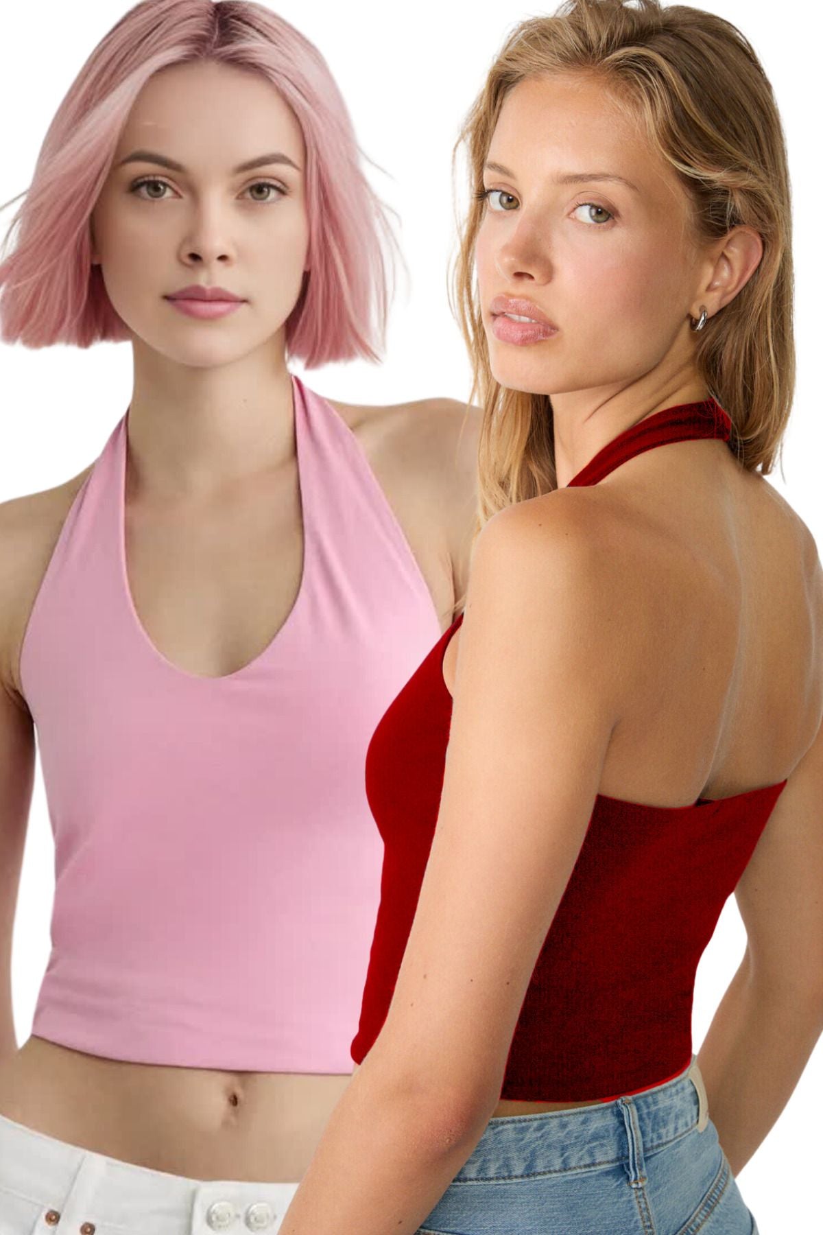 Kadın 2'li Halter Yaka Crop Top Body