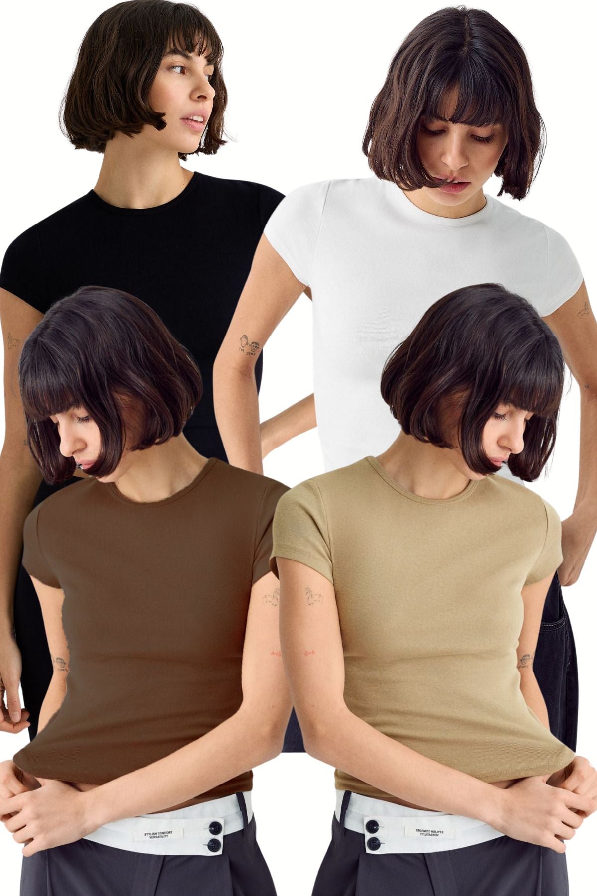 Kadın Siyah Beyaz Haki Kahve 4'lü Kısakol %100 Pamuk Body