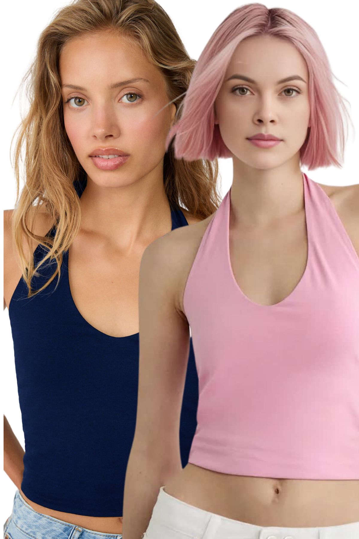 Kadın 2'li Halter Yaka Crop Top Body