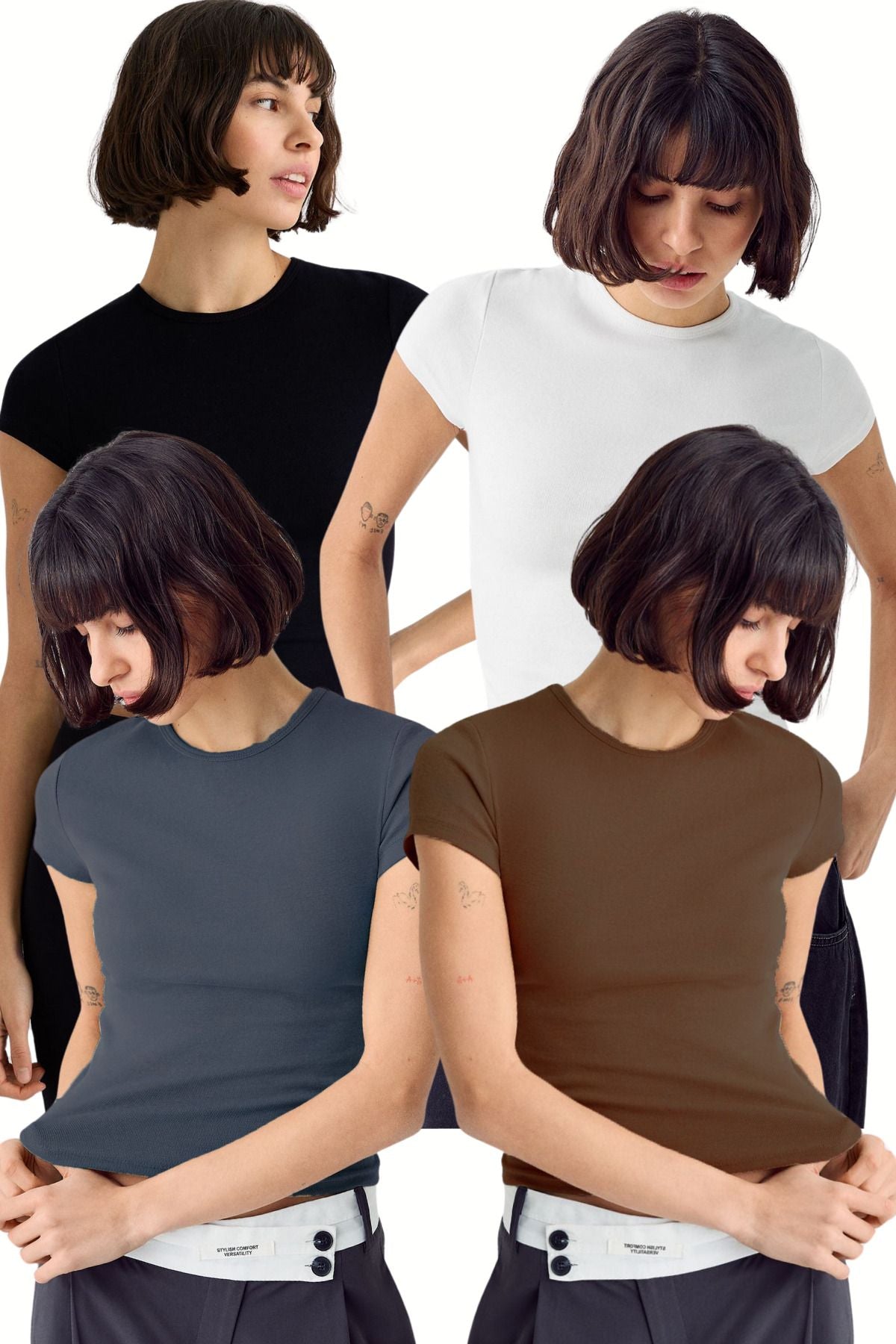 Kadın Siyah Beyaz Haki Kahve 4'lü Kısakol %100 Pamuk Body