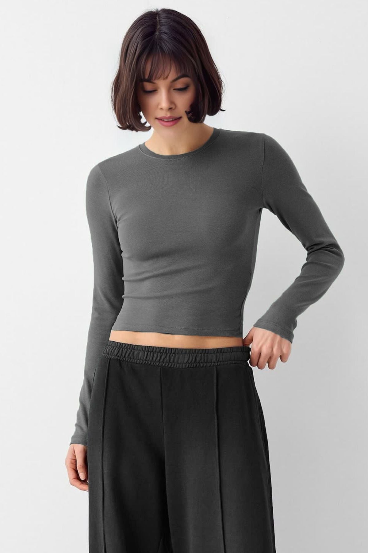 Kadın Bisiklet Yaka Basic Ultra Soft %100 Pamuk Uzun Kol Body