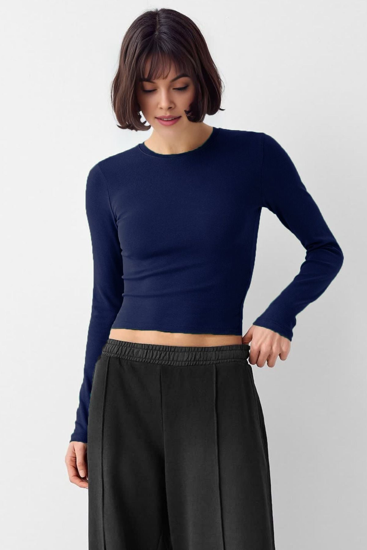 Kadın Bisiklet Yaka Basic Ultra Soft %100 Pamuk Uzun Kol Body
