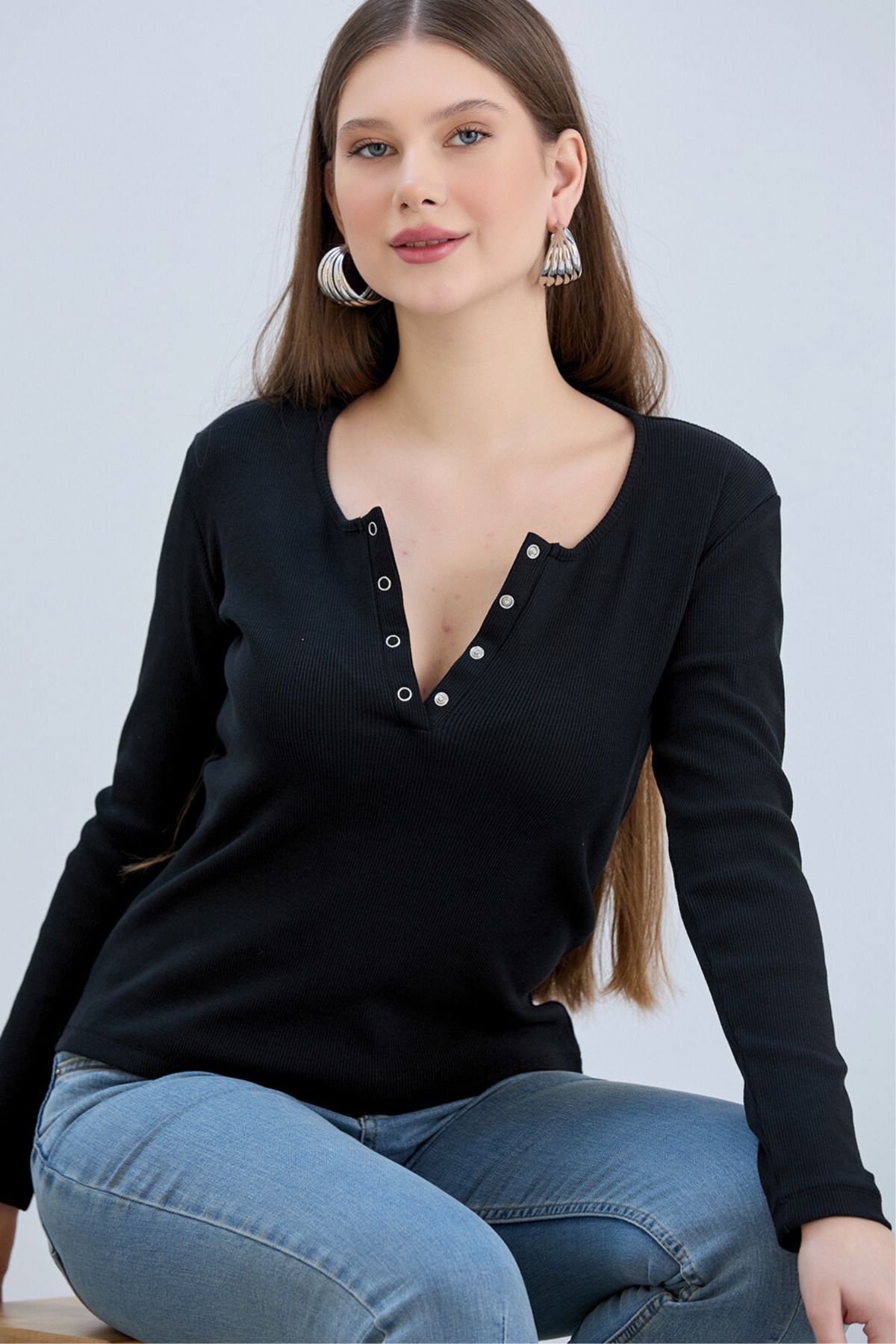 Kadın Kaşkorse Yakası Çıtçıtlı Uzun Kol Bluz
