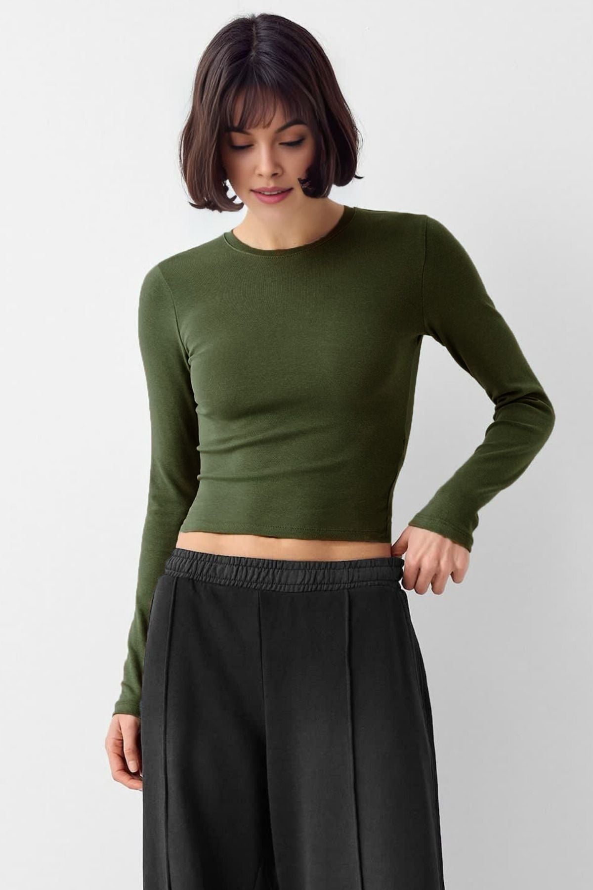 Kadın Bisiklet Yaka Basic Ultra Soft %100 Pamuk Uzun Kol Body