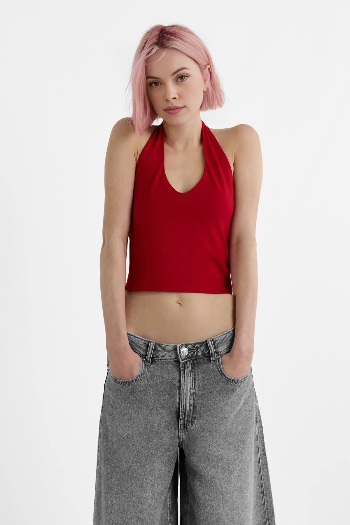 Kadın Halter Yaka Crop Top Body