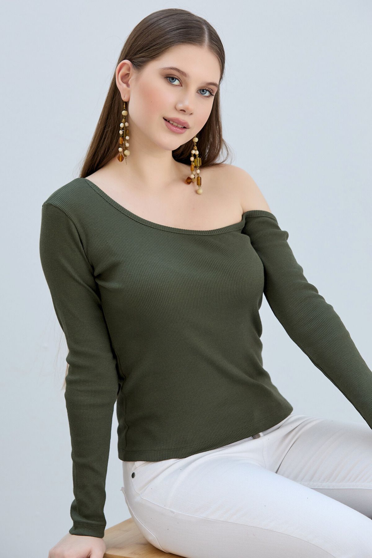 Kadın Omuz Açık Kaşkorse Basic Uzun Kollu Bluz