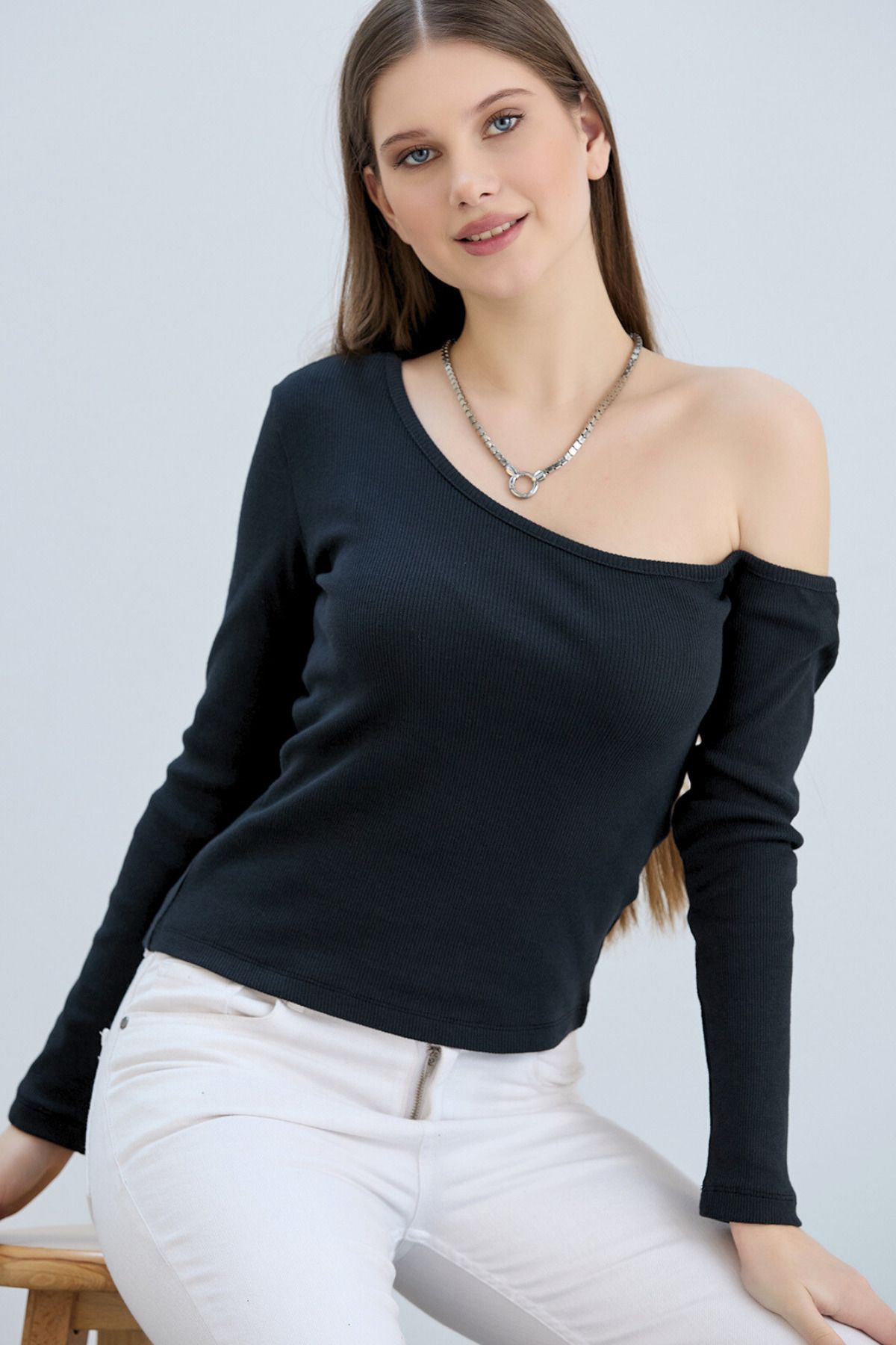 Kadın Omuz Açık Kaşkorse Basic Uzun Kollu Bluz