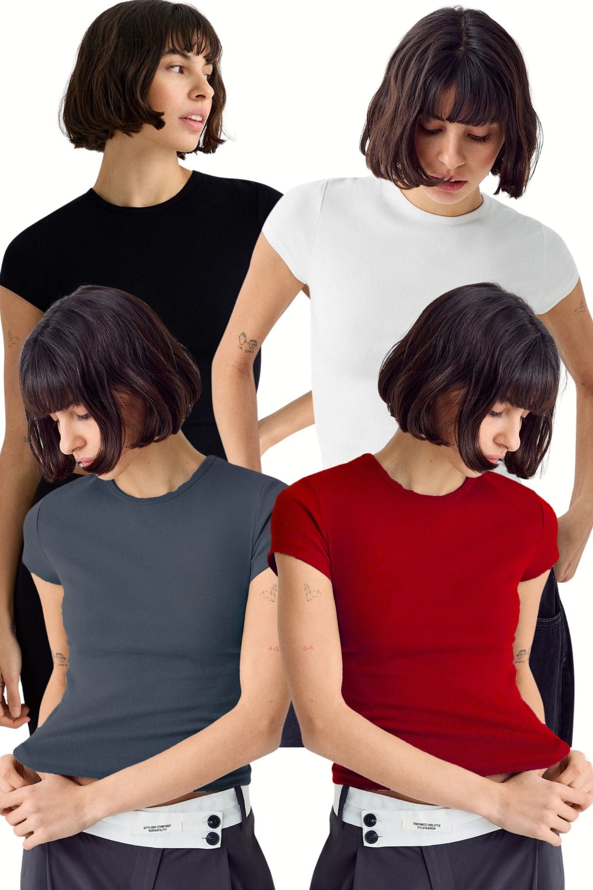 Kadın Siyah Beyaz Haki Kahve 4'lü Kısakol %100 Pamuk Body