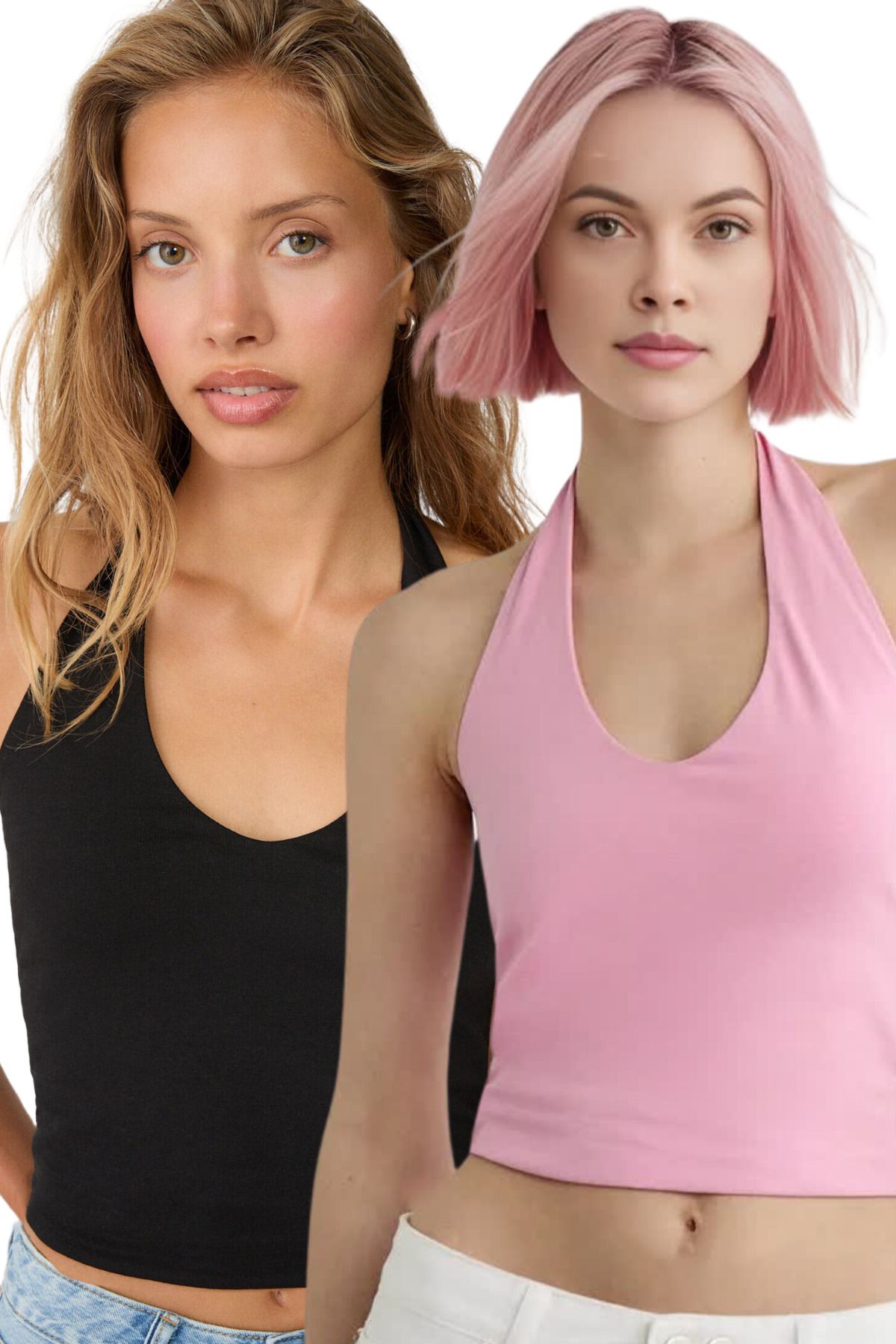 Kadın 2'li Halter Yaka Crop Top Body