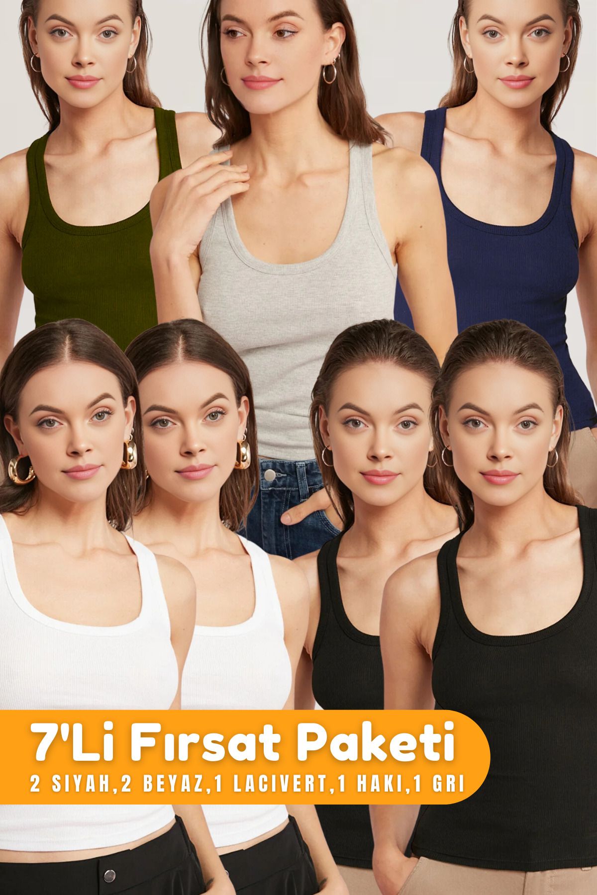 Kadın Siyah Beyaz Haki Lacivert Gri 7'Li Fitilli Görünümlü Kalın Askılı Basic Pamuklu Atlet