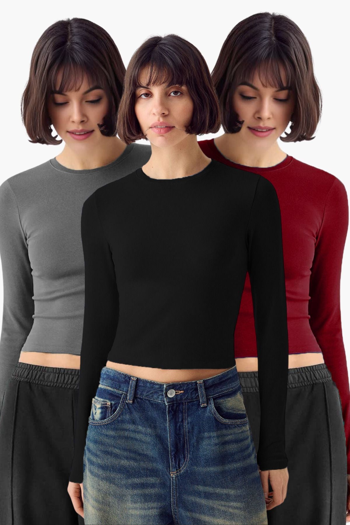 Kadın 3'lü Bisiklet Yaka Basic Ultra Soft %100 Pamuk Uzun Kol Bluz