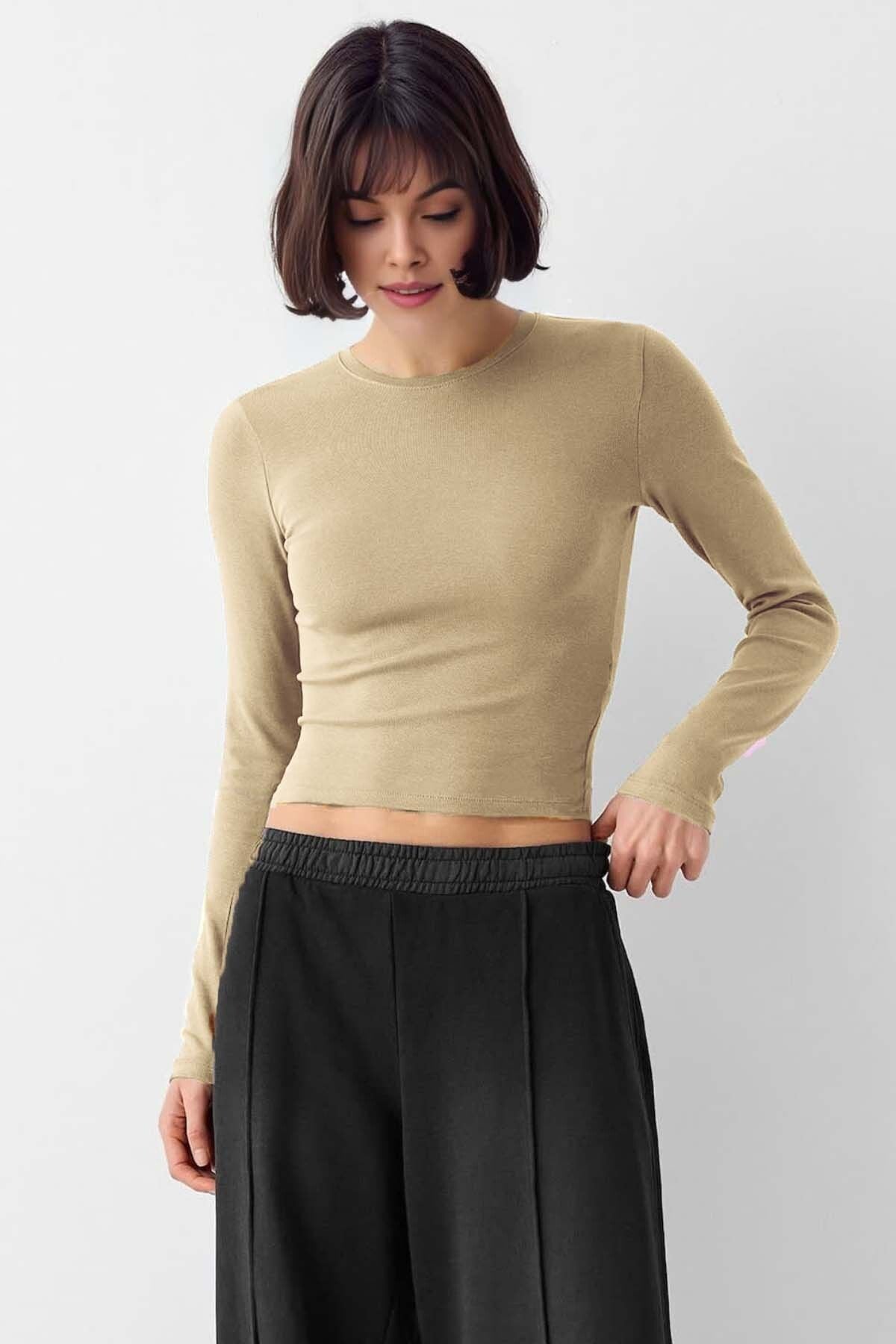 Kadın Bisiklet Yaka Basic Ultra Soft %100 Pamuk Uzun Kol Body