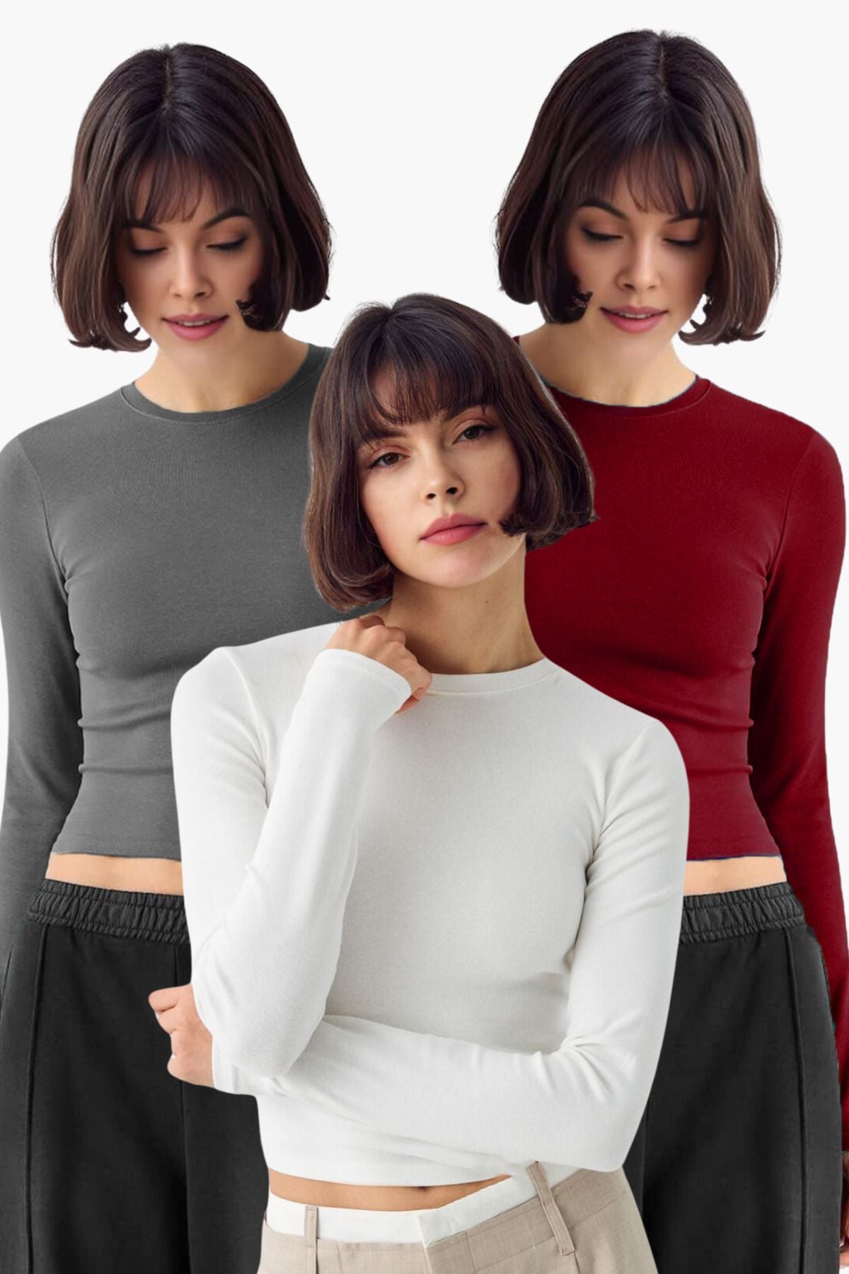 Kadın 3'lü Bisiklet Yaka Basic Ultra Soft %100 Pamuk Uzun Kol Bluz
