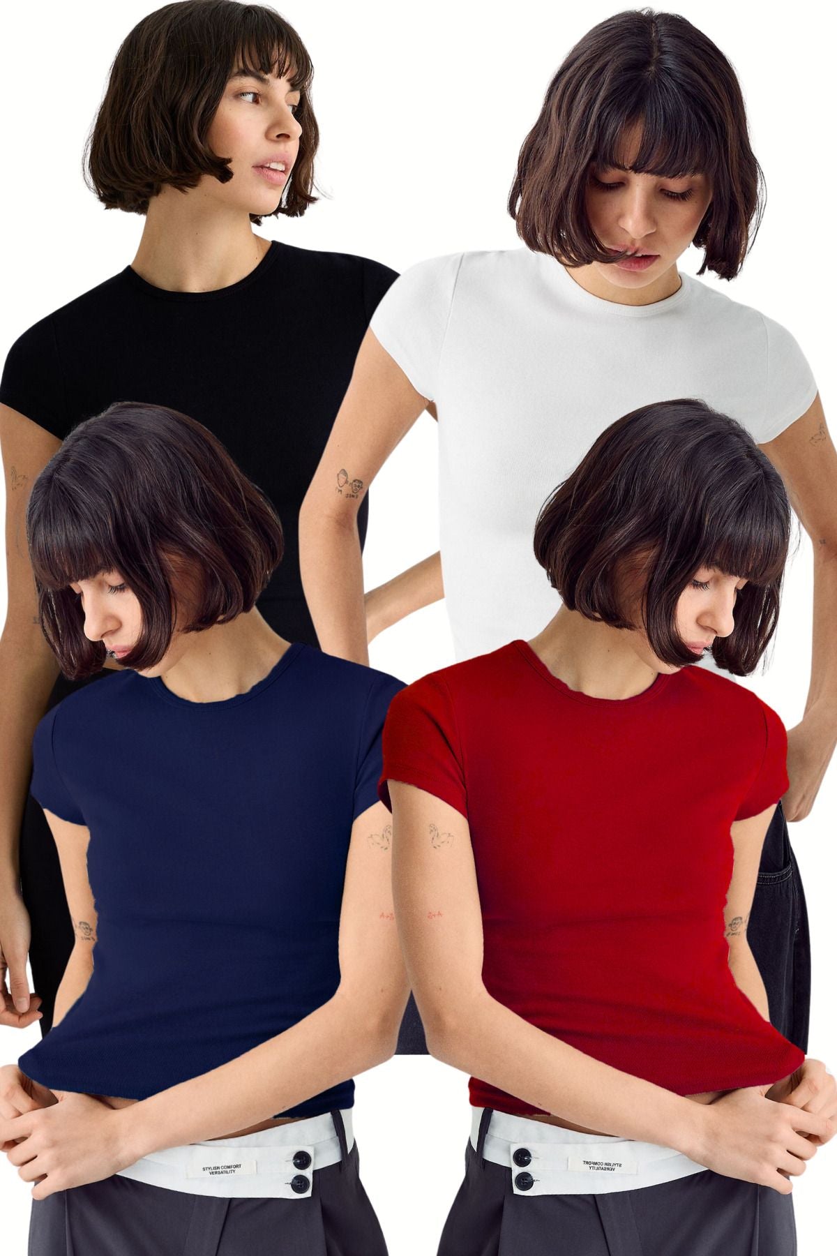 Kadın Siyah Beyaz Haki Kahve 4'lü Kısakol %100 Pamuk Body