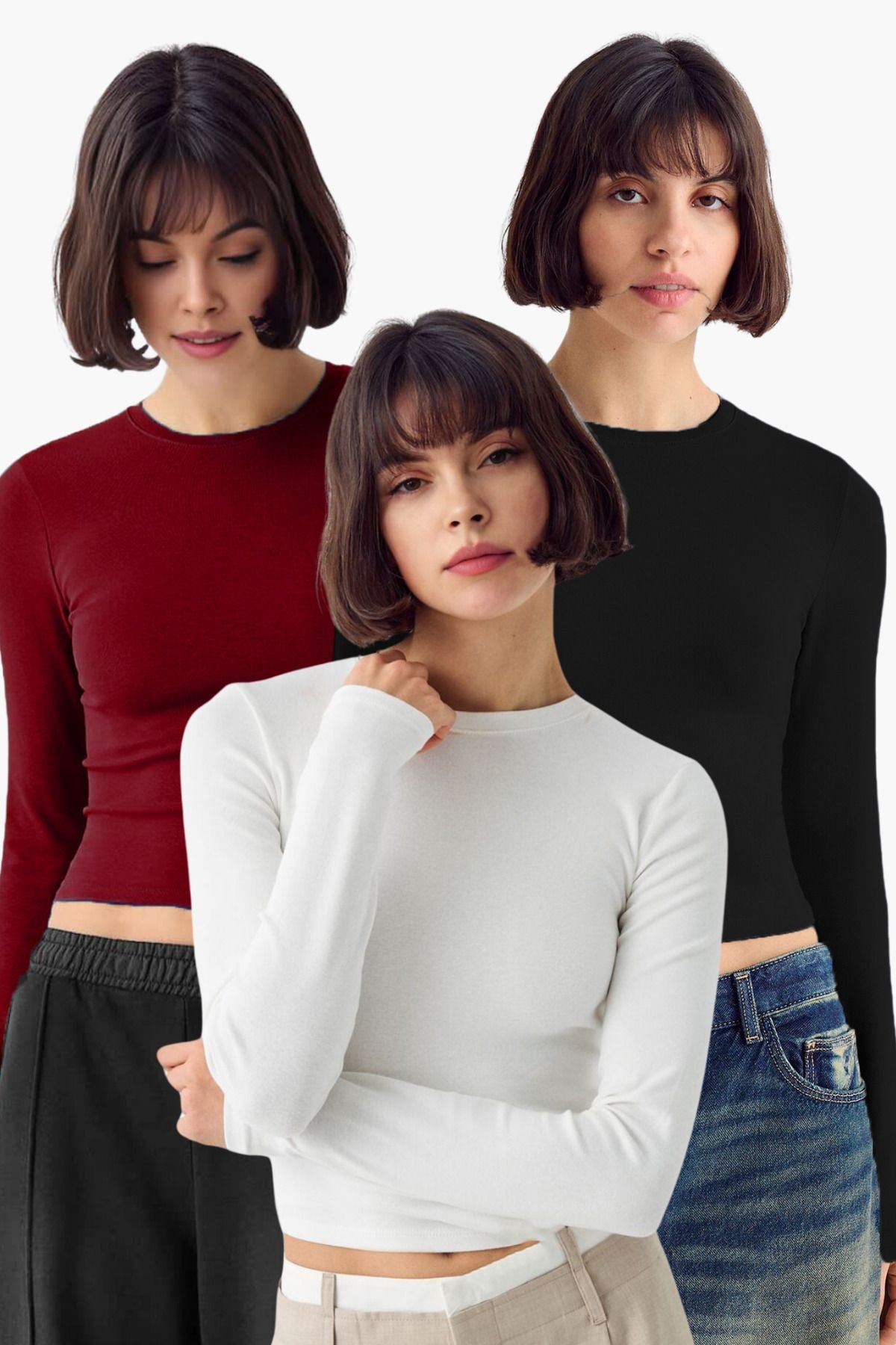 Kadın 3'lü Bisiklet Yaka Basic Ultra Soft %100 Pamuk Uzun Kol Bluz