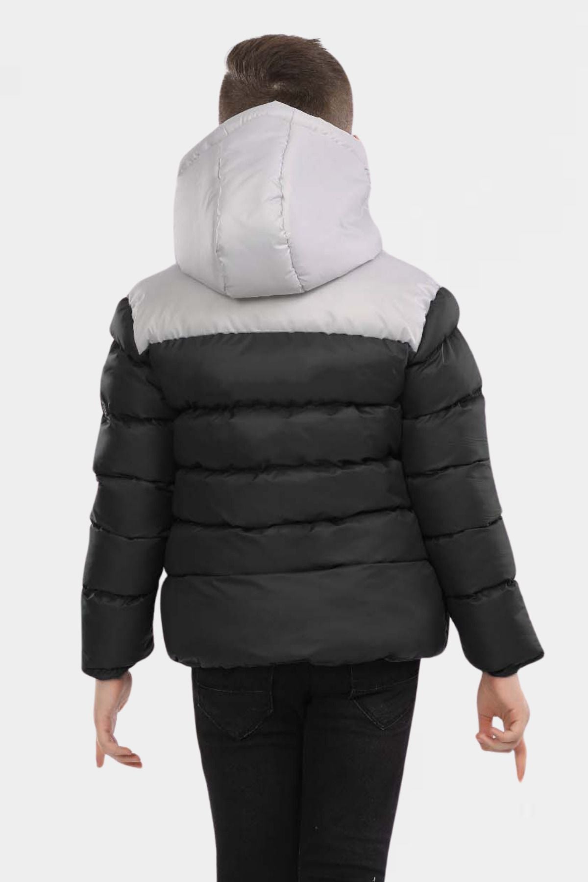 Erkek Çocuk Siyah Parçalı Içi Polarlı Kürklü Su Geçirmez Kışlık Kalın Kapüşonlu Mont