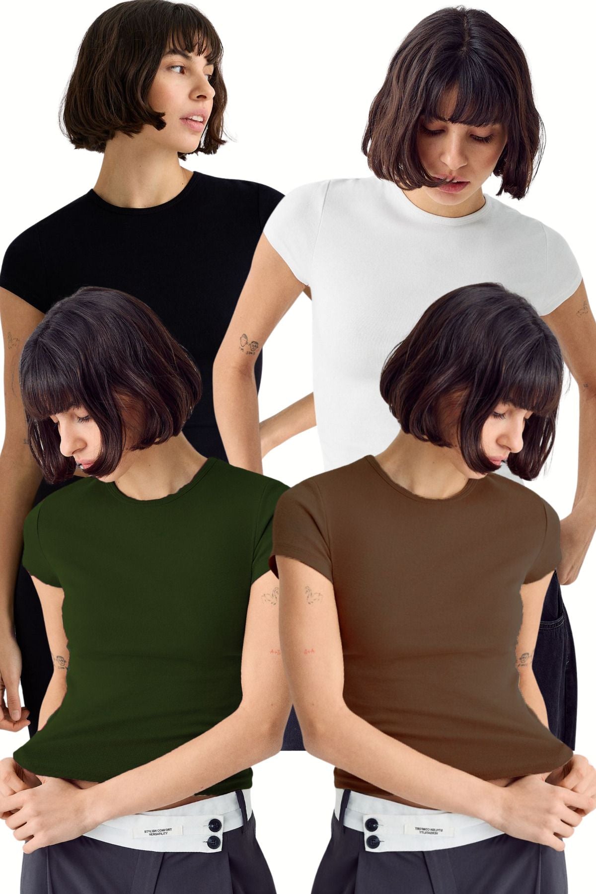 Kadın Siyah Beyaz Haki Kahve 4'lü Kısakol %100 Pamuk Body