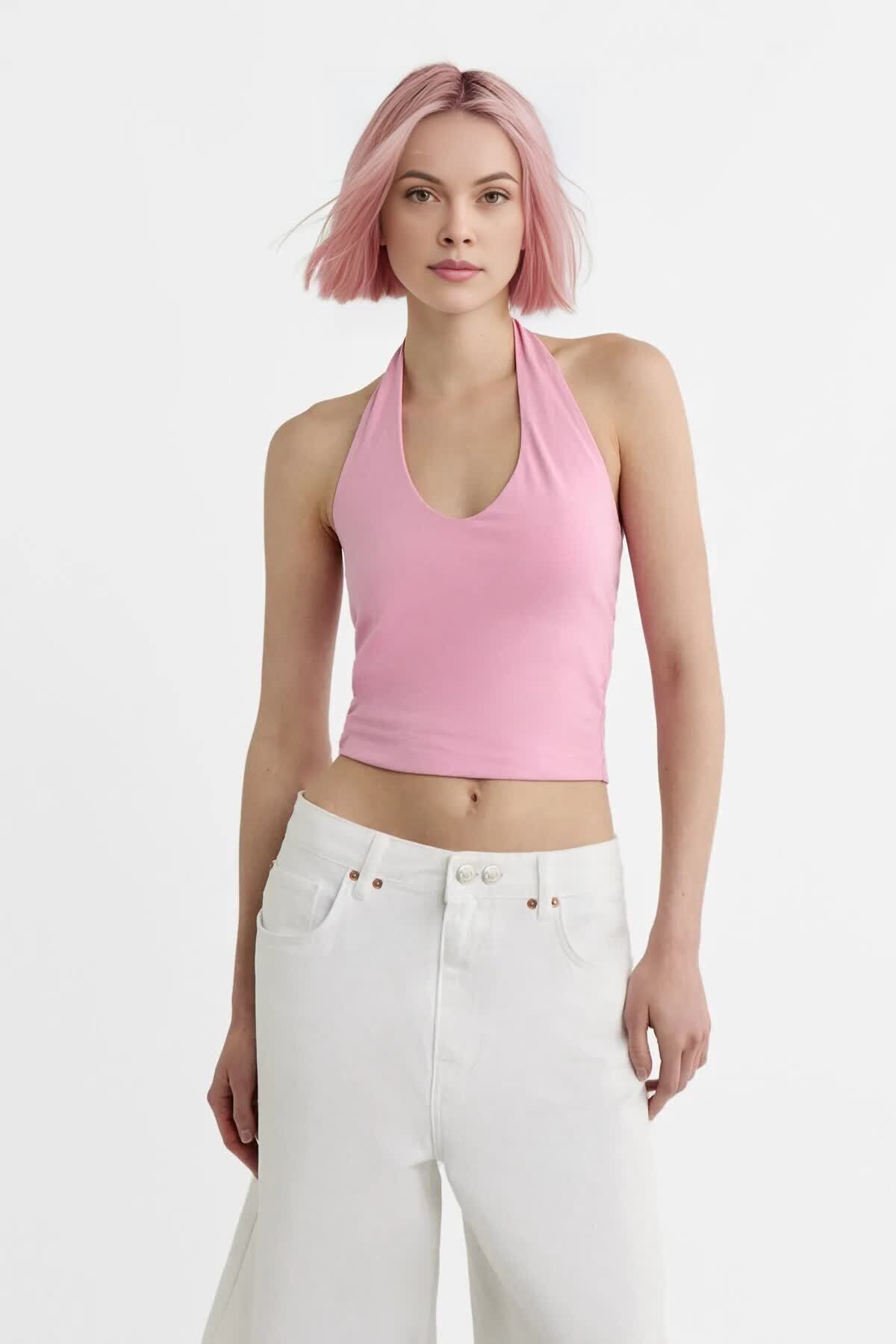 Kadın 2'li Halter Yaka Crop Top Body