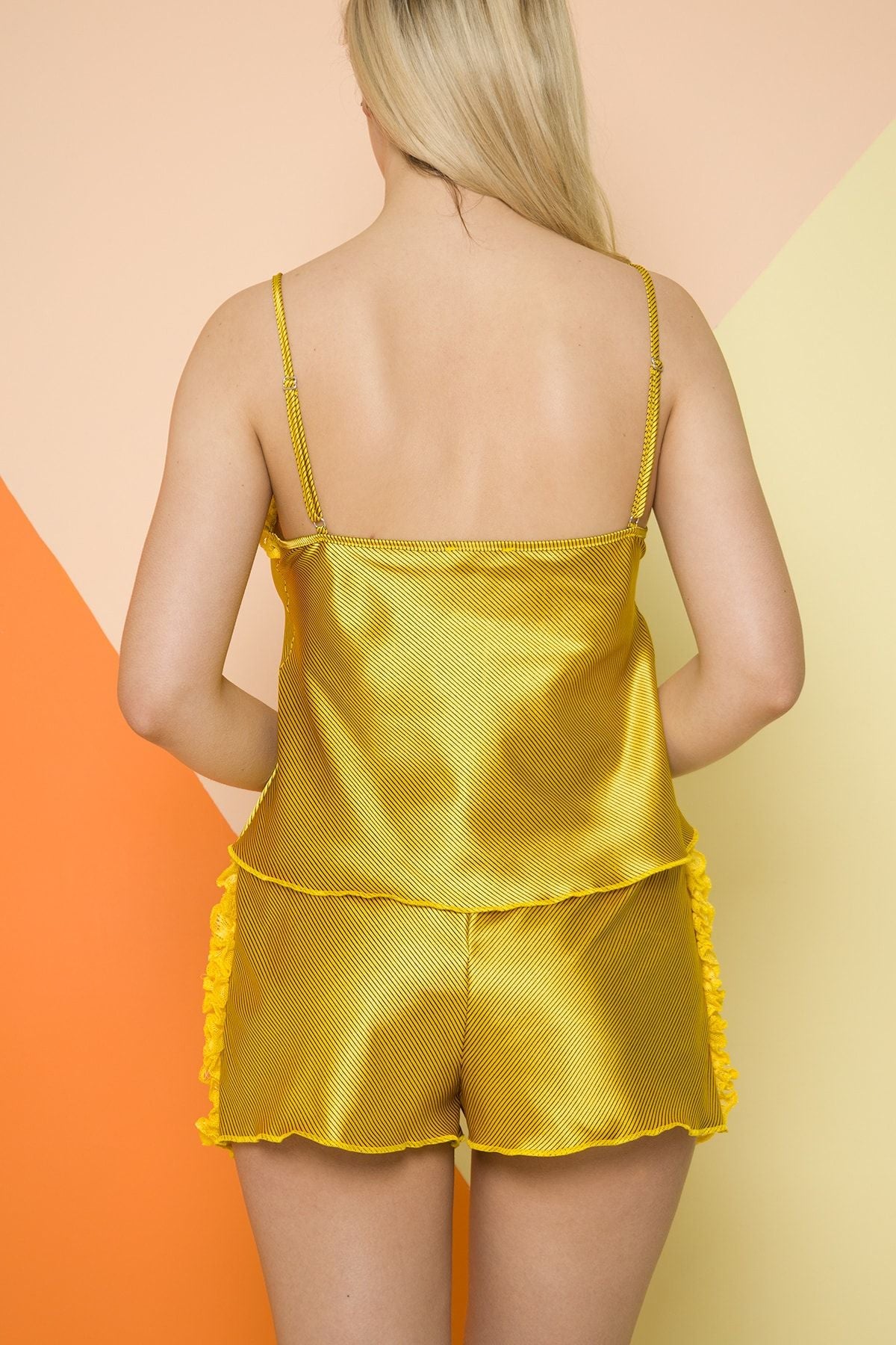Kadın Çizgili Saten Babydoll Şort Takımı