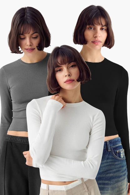 Kadın 3'lü Bisiklet Yaka Basic Ultra Soft %100 Pamuk Uzun Kol Bluz