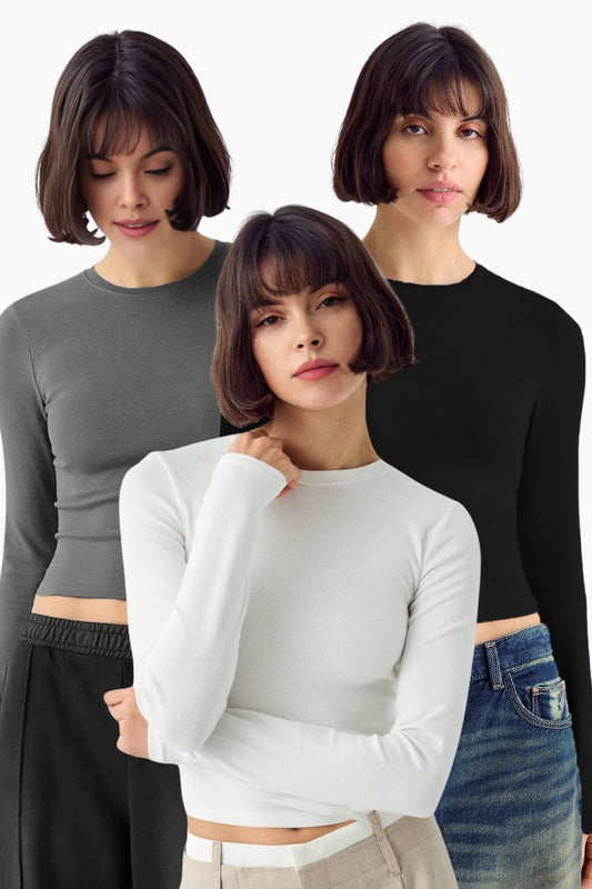 Kadın 3'lü Bisiklet Yaka Basic Ultra Soft %100 Pamuk Uzun Kol Bluz