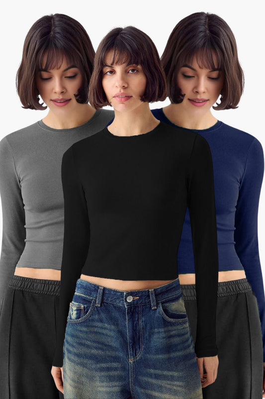 Kadın 3'lü Bisiklet Yaka Basic Ultra Soft %100 Pamuk Uzun Kol Bluz