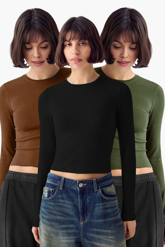 Kadın 3'lü Bisiklet Yaka Basic Ultra Soft %100 Pamuk Uzun Kol Bluz