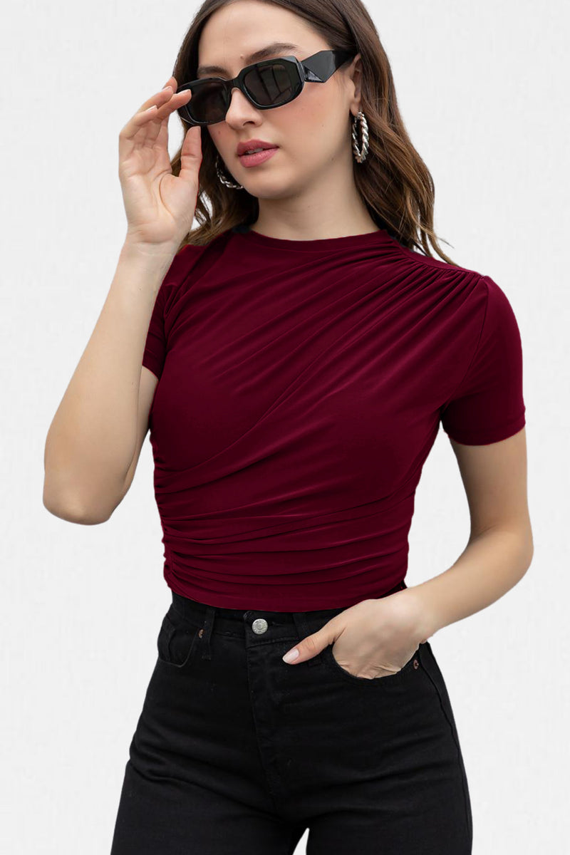 Women's Crew Neck Gathered Sandy Short Sleeve Blouse