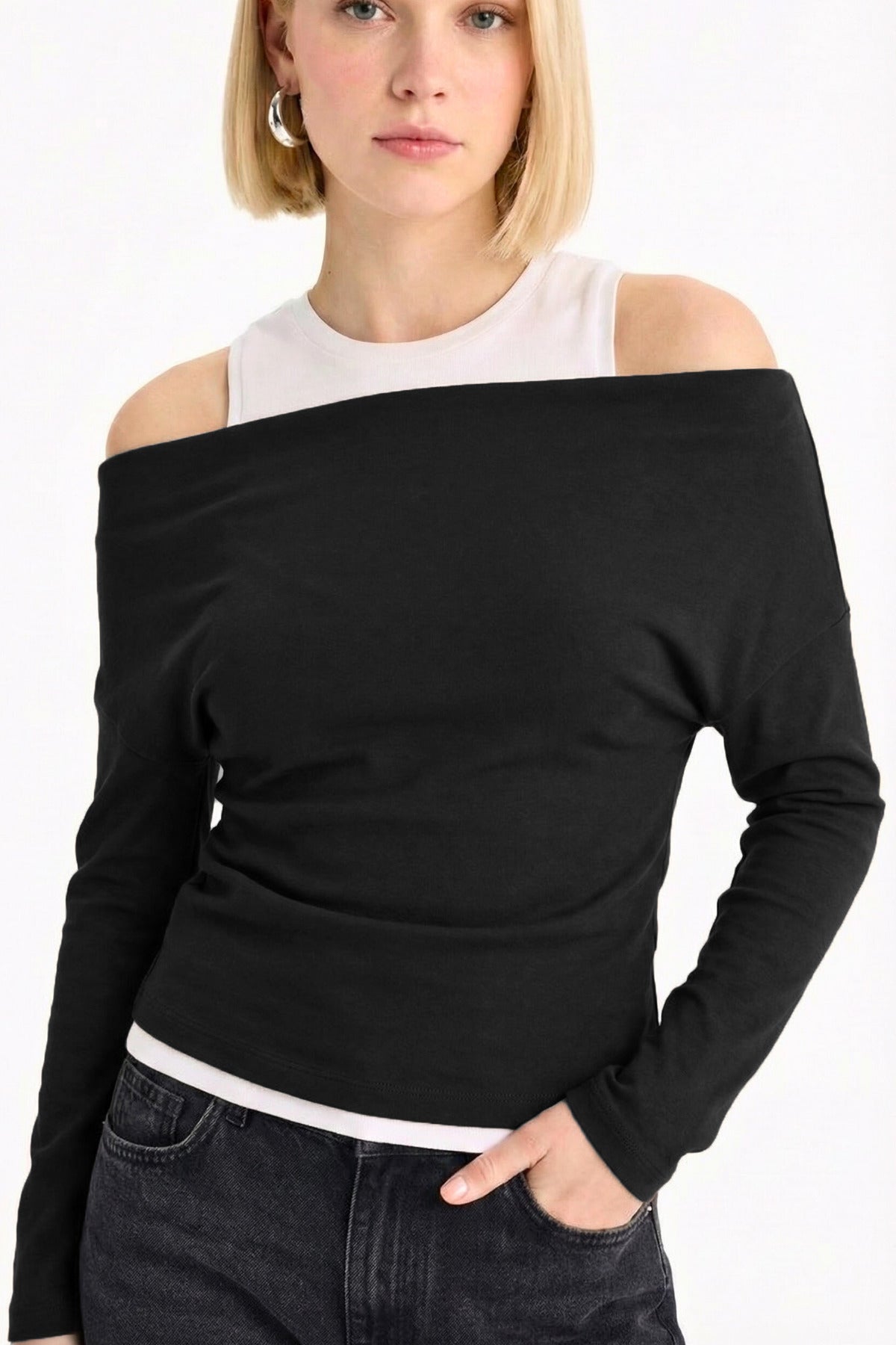 Slim Fit Dar Kesim Tek Omuzlu Çift Katmanlı Ribana Pamuk Uzun Kollu Tişört