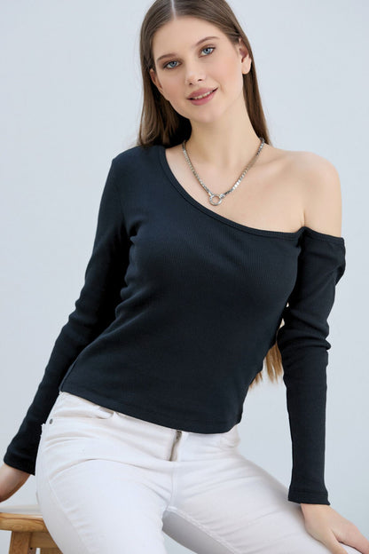Kadın Omuz Açık Kaşkorse Basic Uzun Kollu Bluz