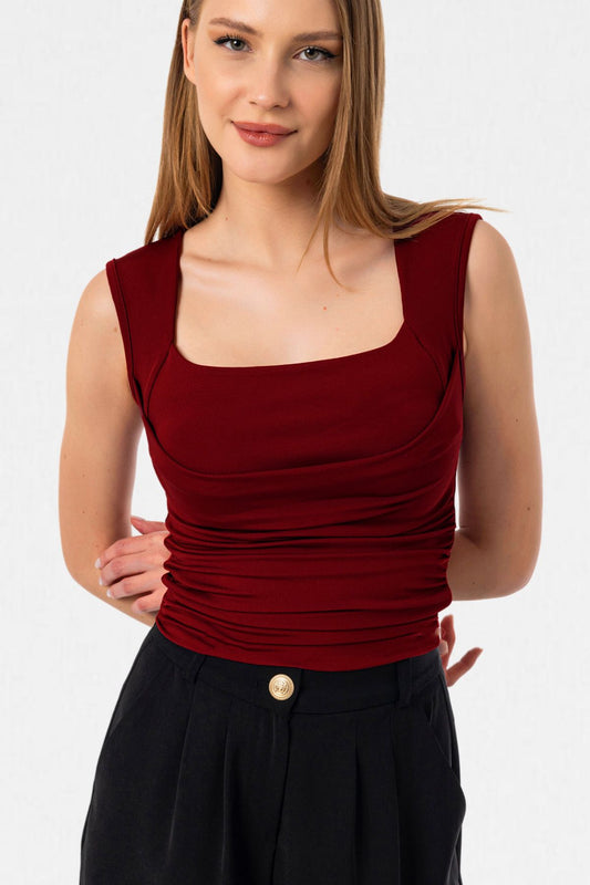 Kare Yaka Büzgü Detaylı Esnek Crop Bluz