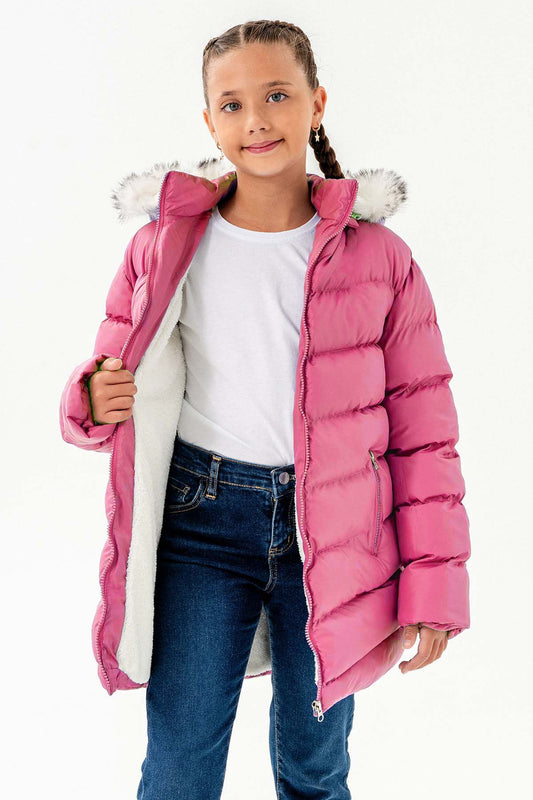 Kız Çocuk Içi Polarlı Kürklü Su Geçirmez Kalın Çıkarılabilir Kapüşonlu Mont Kaban