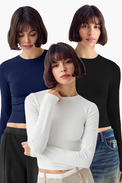 Kadın 3'lü Bisiklet Yaka Basic Ultra Soft %100 Pamuk Uzun Kol Bluz