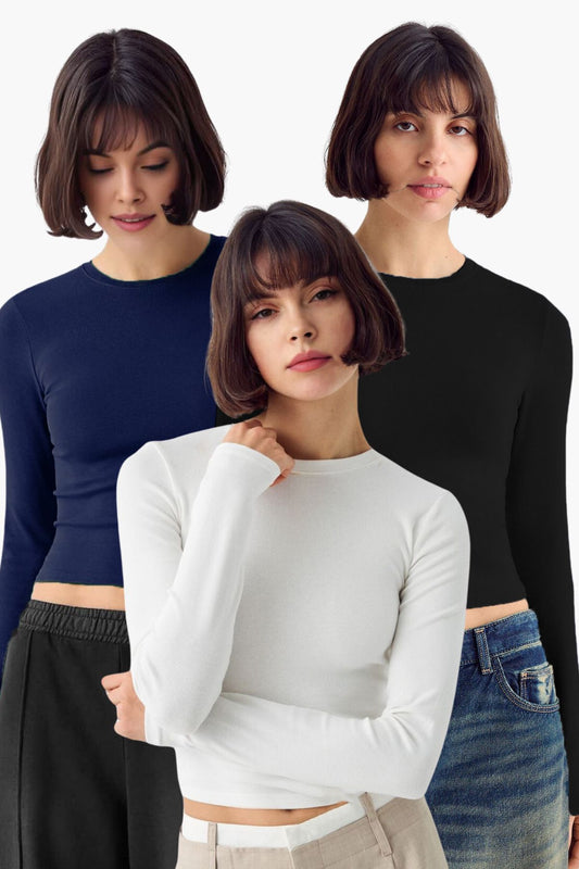 Kadın 3'lü Bisiklet Yaka Basic Ultra Soft %100 Pamuk Uzun Kol Bluz