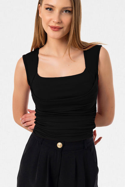 Kare Yaka Büzgü Detaylı Esnek Crop Bluz