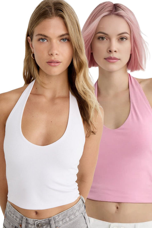 Kadın 2'li Halter Yaka Crop Top Body