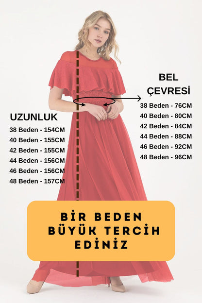 Kadın Mavi Dantelli Volanlı Sim Detaylı Uzun Abiye Mezuniyet Elbisesi