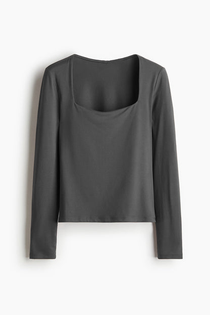 Kare Yaka Basic Ultra Soft %95 Pamuk Uzun Kol Bluz