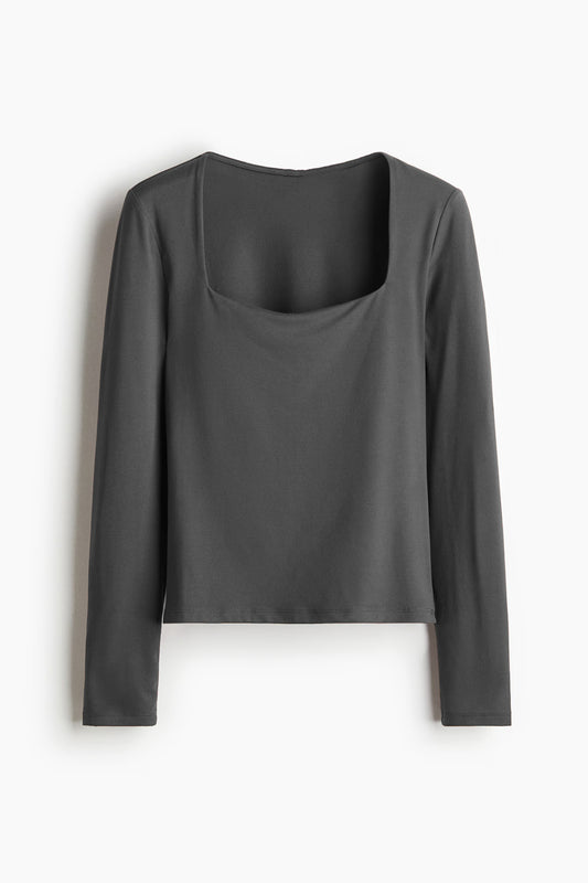 Kare Yaka Basic Ultra Soft %95 Pamuk Uzun Kol Bluz
