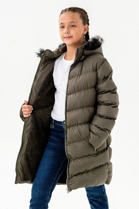 Kız Çocuk Içi Polarlı Kürklü Su Geçirmez Kalın Çıkarılabilir Kapüşonlu Mont Kaban