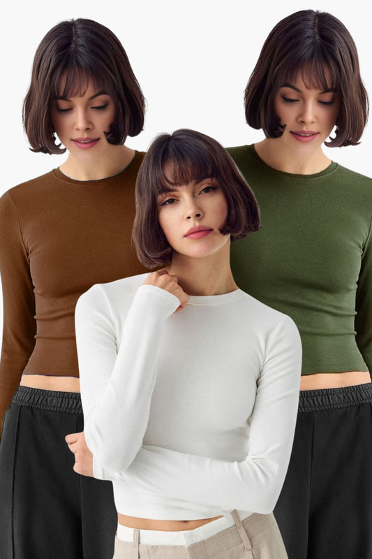 Kadın 3'lü Bisiklet Yaka Basic Ultra Soft %100 Pamuk Uzun Kol Bluz