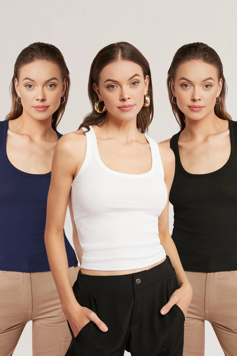 Women's 3-Piece Thick Strappy Basic Undershirt with Ribbed Look