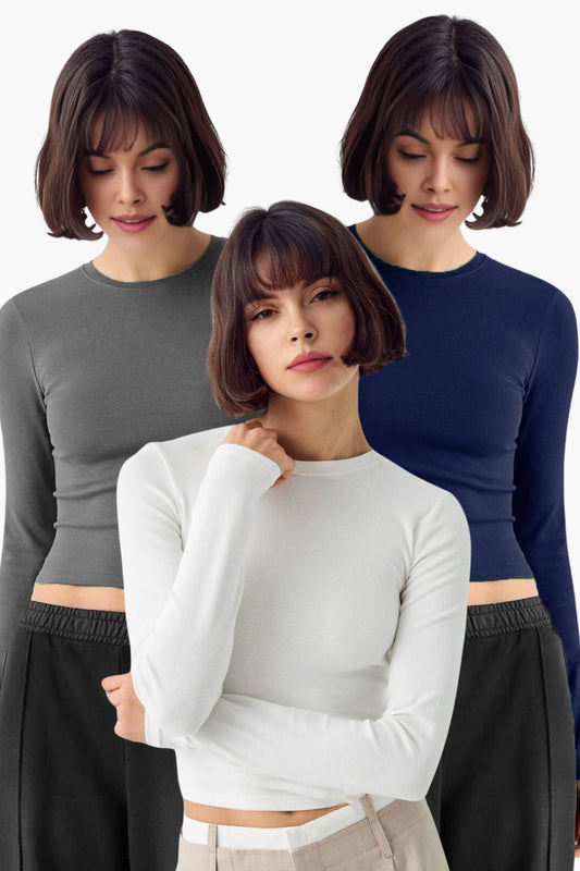 Kadın 3'lü Bisiklet Yaka Basic Ultra Soft %100 Pamuk Uzun Kol Bluz