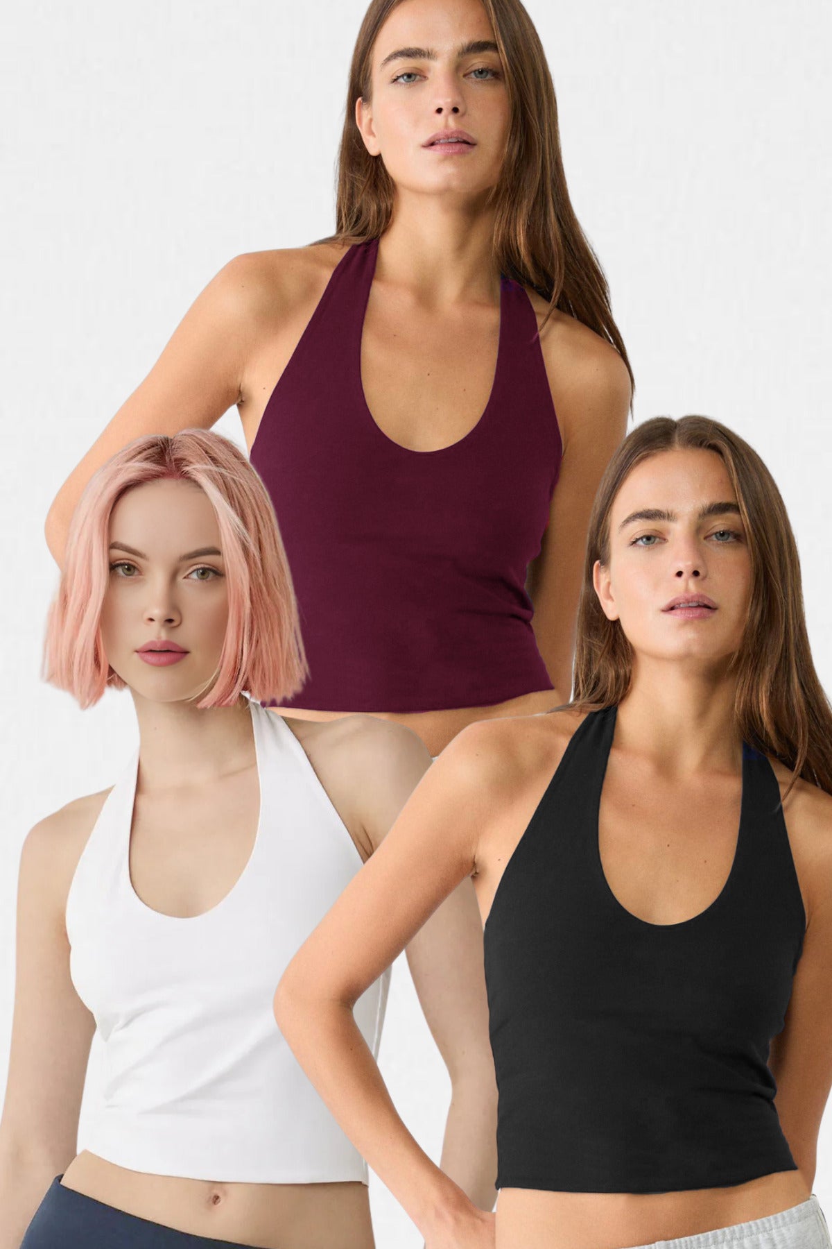 Kadın 3'lü Halter Yaka Crop Top Body