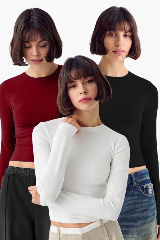 Kadın 3'lü Bisiklet Yaka Basic Ultra Soft %100 Pamuk Uzun Kol Bluz