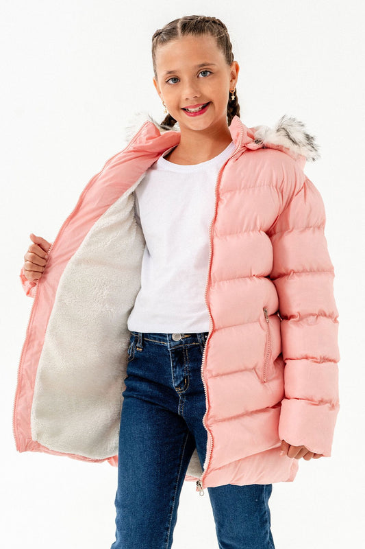 Kız Çocuk Içi Polarlı Kürklü Su Geçirmez Kalın Çıkarılabilir Kapüşonlu Mont Kaban