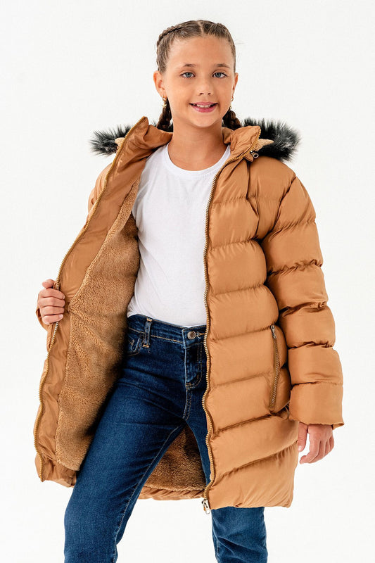 Kız Çocuk Içi Polarlı Kürklü Su Geçirmez Kalın Çıkarılabilir Kapüşonlu Mont Kaban