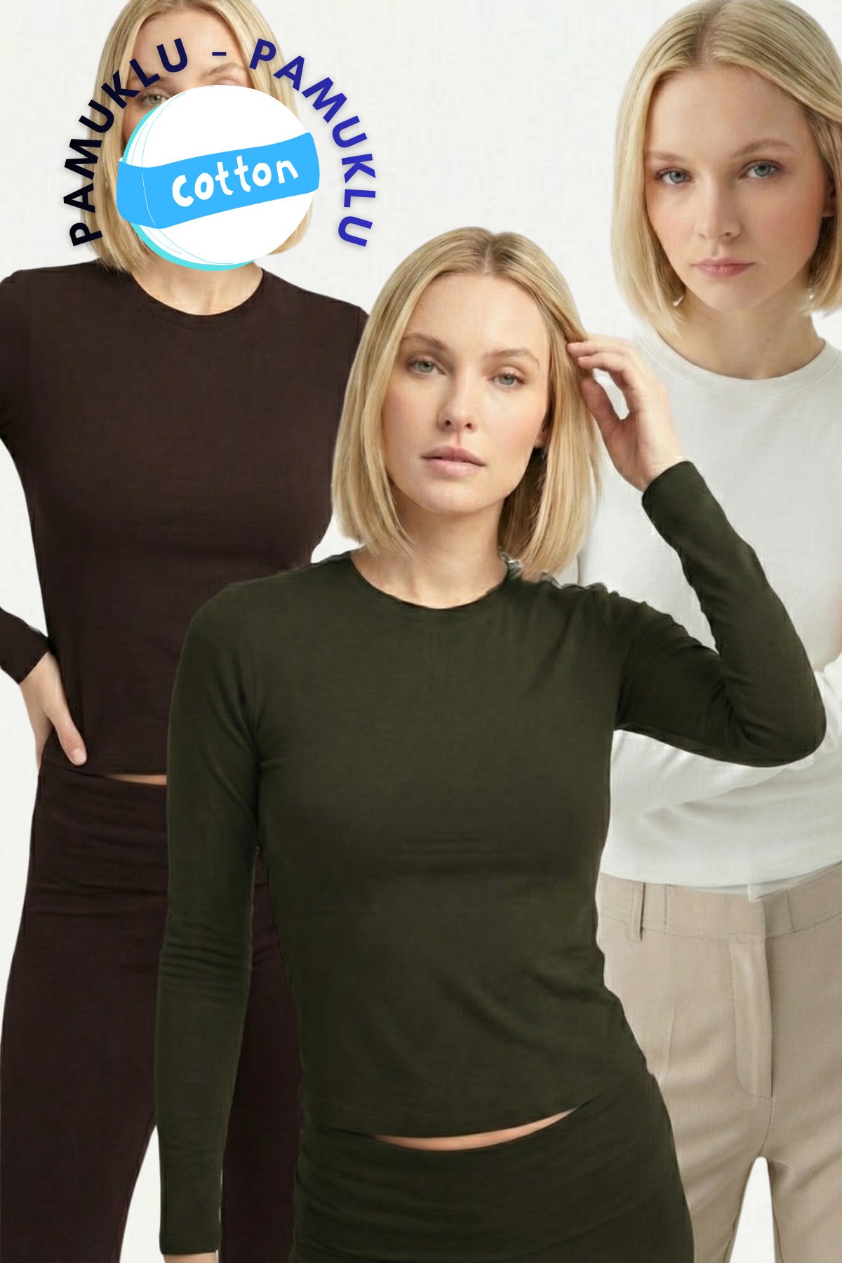 Kadın 3'lü Bisiklet Yaka Basic Ultra Soft %100 Pamuk Uzun Kol Bluz