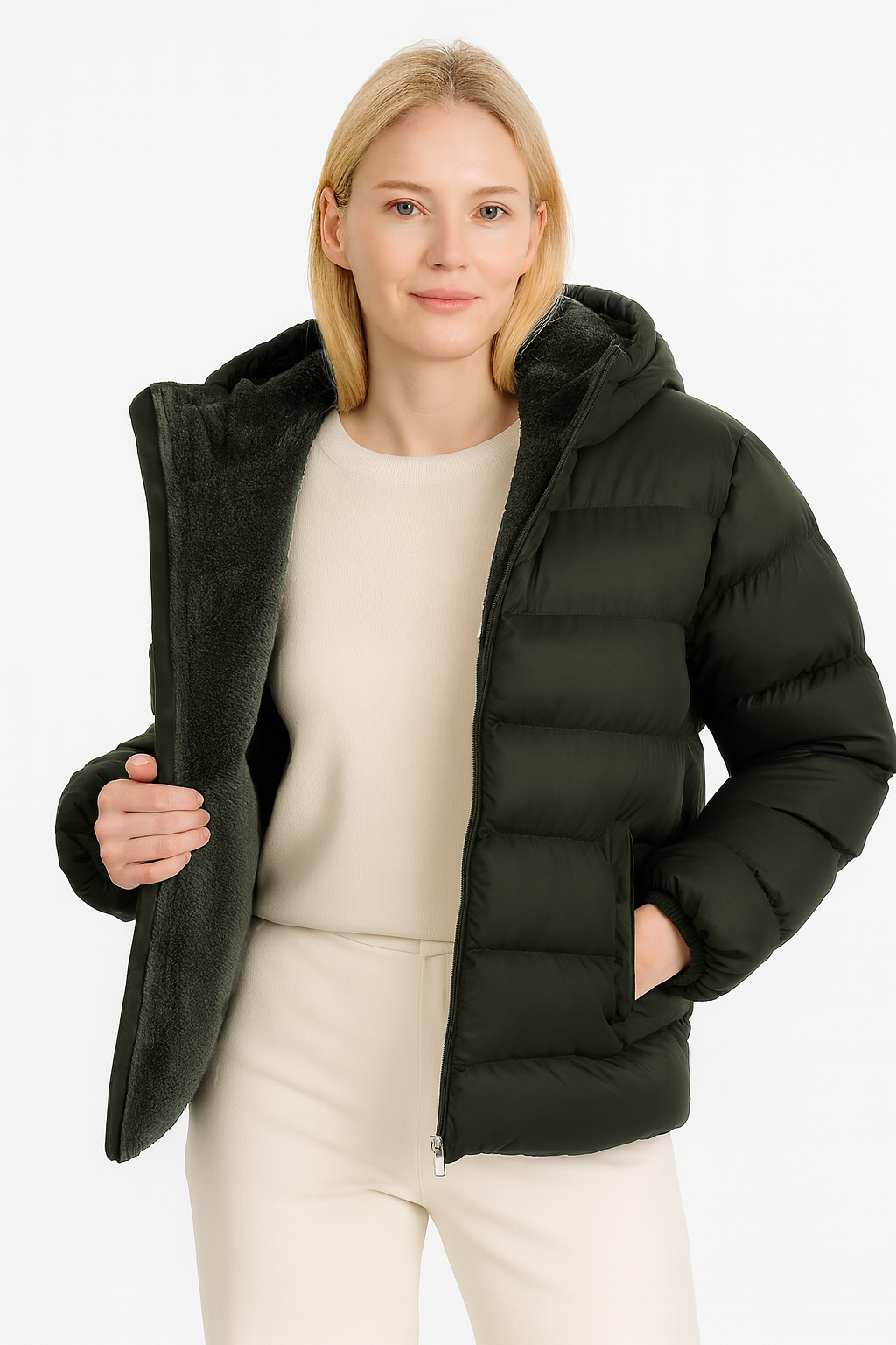 Kadın İçi Kürklü Kalın Su Geçirmez Kapişonlu Şişme Mont